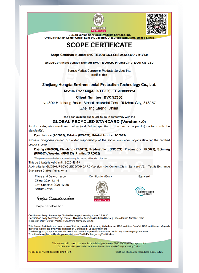 Bureau Veritas Certification for Fluorine-free Waterproof Oxford Fabric-HongdaTEX